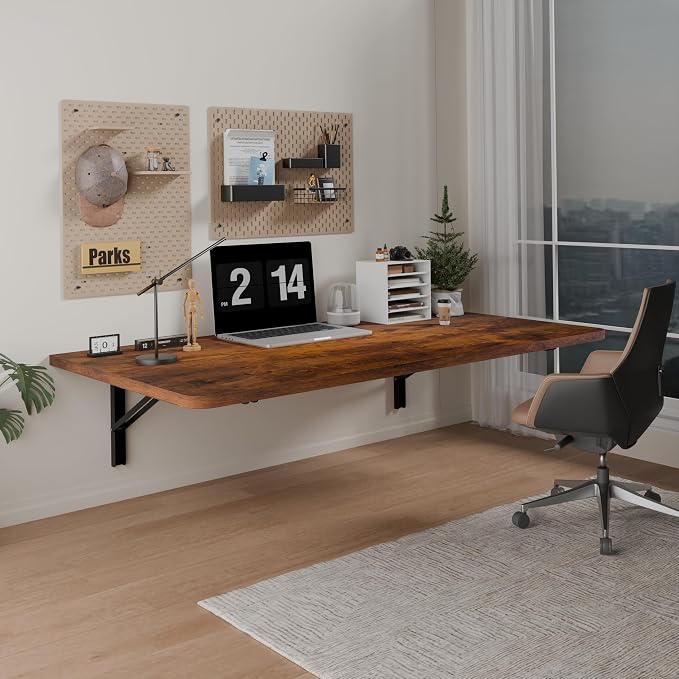 IAE 36x22in Floating Fold Desk,Wall-Mounted Folding Computer Table,Rustic | Study Table with Shelf Brackets,Foldable Down Shelf with Engineered Wood,Fold Computer Desk for Small Apartment,Holds 502 lb by IAE