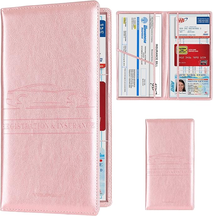 TOURSUIT Car Registration & Insurance Card Holder, Rose Gold | Vehicle License Document Organizer, Glove Box Compartment, Interior Car Accessories, For Women Men by TOURSUIT