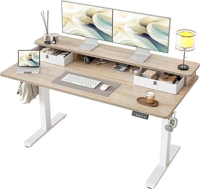 TIQLAB Standing Desk with Two Drawers, Stand Up Standing Desk Adjustable Height, Electric Sit Stand Table with Storage Shelf and Splice Board, 55 * 24 inch, Maple by TIQLAB