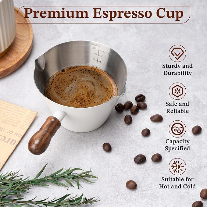 Amrules Espresso Cup, 6.8 oz/200 ml Stainless Steel Coffee Shot Measuring Cup with Wood Handle, Double V-Shaped Mouth and Clear Scale for Cappuccino Barista Coffee Bar Accessories, White - Image 4