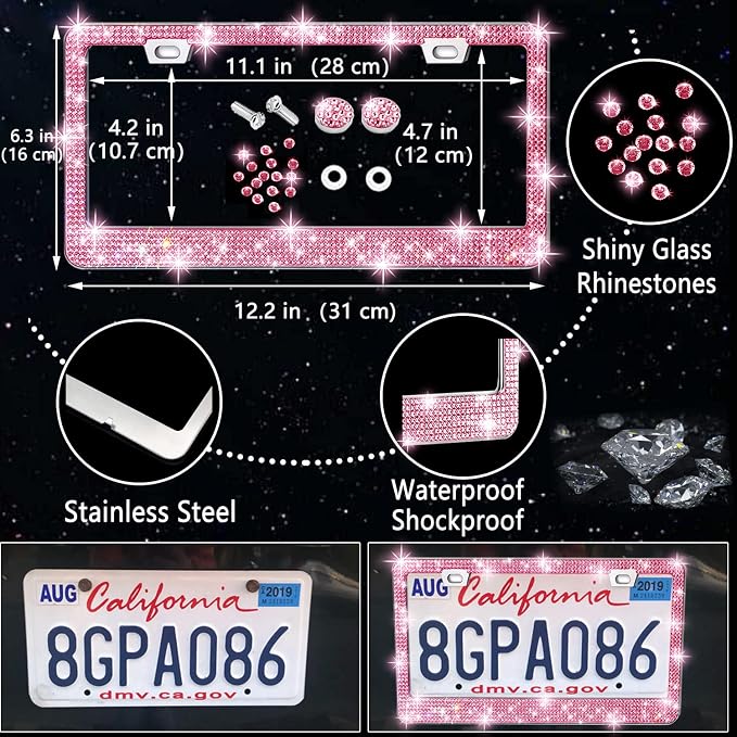 NBTEPEM 27-Piece Bling Car Accessories Set - Universal Fit Steering Wheel Covers, License Plate Frames, Phone Holder, Car Fast Charger, Coasters (Pink) - Image 4