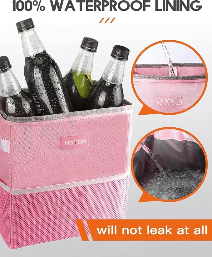 HOTOR Car Trash Can with Lid and Storage Pockets - 100% Leak-Proof Organizer, Waterproof Garbage Can, Multipurpose Trash Bin for Car, 2 Gallons, Pink - Image 8
