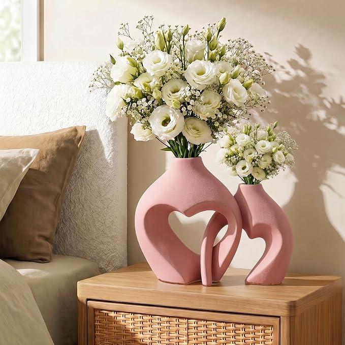 Ceramic Flower Vases Table Decor Heart Shaped Vase Set of 2 Pink | Nordic Heart Shaped Vases Minimalist Decorative Vase for Table Centerpiece Wedding Dining Living Room Office House Decoration - Image 6
