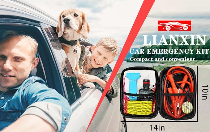 Auto Emergency Kits Vehicles with Jumper Cables headlamp Car Safety Kits | Car Emergency Roadside Tool Kit Tow Straps, Safety Hammer, Rainwear, Multi-tool Kit, Breakdowns Gifts for New Drivers - Image 7