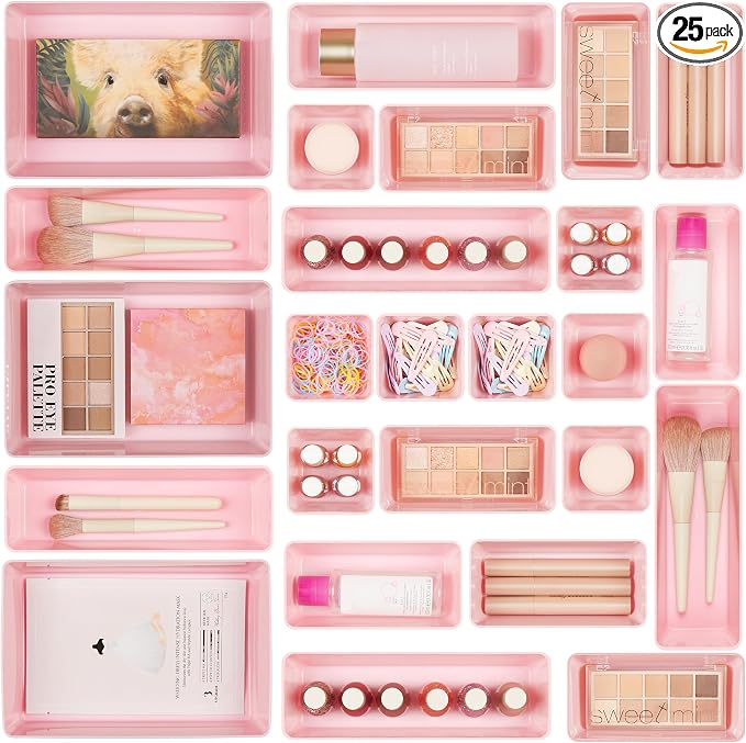 Vtopmart 25 PCS Plastic Drawer Organizers Set, 4-Size Versatile Bathroom and Vanity Drawer Organizer Trays, Storage Bins for Makeup, Bedroom, Kitchen Gadgets Utensils and Office | 4-Size Versatile Makeup Organizer, Storage Containers Small Bins for Mak... by Vtopmart