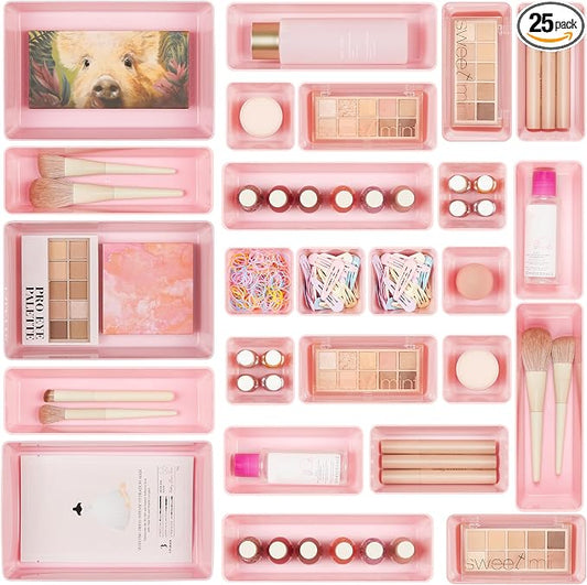 Vtopmart 25 PCS Plastic Drawer Organizers Set, 4-Size Versatile Bathroom and Vanity Drawer Organizer Trays, Storage Bins for Makeup, Bedroom, Kitchen Gadgets Utensils and Office | 4-Size Versatile Makeup Organizer, Storage Containers Small Bins for Mak... by Vtopmart