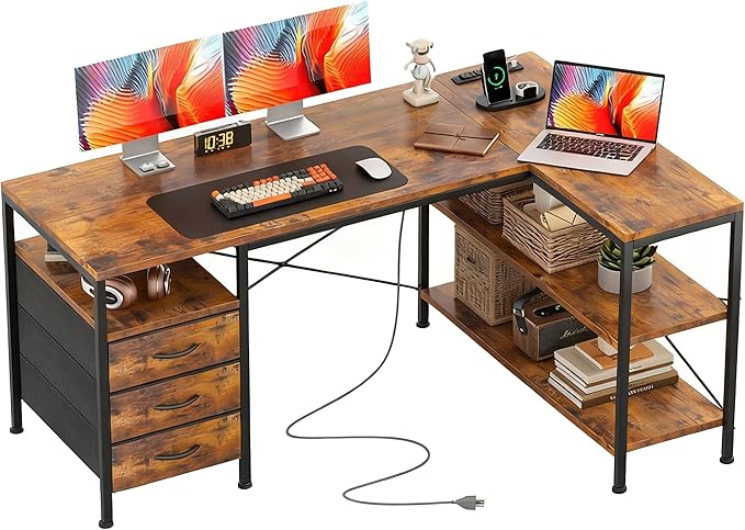 Alpen L Shaped Computer Desk, 55 Inch Corner Desk with Drawers and Power Outlets, Home Office Desk for Gaming, Study Writing PC Table with Storage and Reversible Shelf, Rustic Brown by ALPEN
