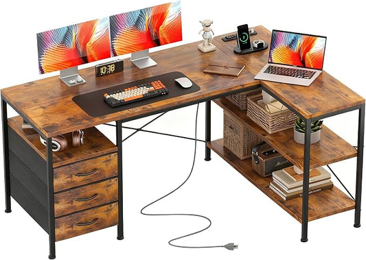Alpen L Shaped Computer Desk, 47 Inch Corner Desk with Drawers and Power Outlets, Home Office Desk for Gaming, Study Writing PC Table with Storage and Reversible Shelf, Rustic Brown by ALPEN