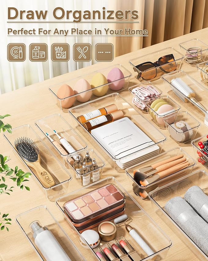 KEMETHY 25 PCS Plastic Drawer Organizers Set, 4 Sizes Vanity Organizer | Makeup and Desk Drawer Organizer Trays, Organization and Storage for Makeup, Bathroom, Kitchen Utensils and Office (Clear) - Image 6