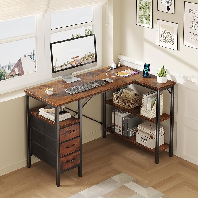 DUMOS L Shaped Desk with Drawers, Gaming Desk, 47 Inch | Power Outlet, Study Table, Adjustable Shelves, Home Office, Corner Computer Workstation, Bedroom, Brown - Image 2