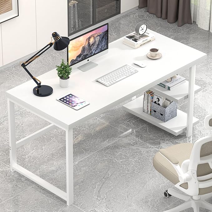 EXCEFUR White Computer Desk, Modern Home Office Desk with Storage Shelf, Wood and Metal Writing Study Table for Living Room Bedroom, 53 Inch - Image 3