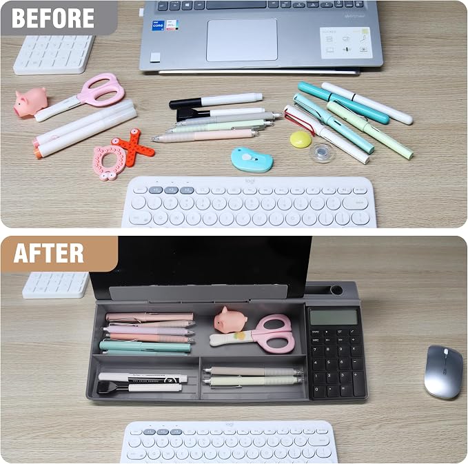 SELEAD Desktop Glass Whiteboard with Calculator, Dry Erase Board Computer Pad Keyboard Stand with Organizer Drawer for Home, School, Office Desk Accessories, Black - Image 9