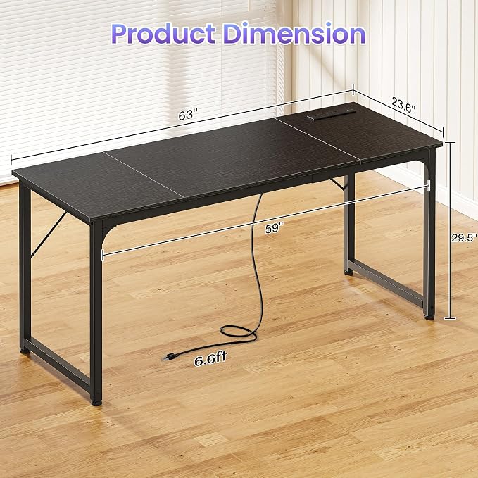 PRAISUN 63 X 24 Inch Computer Desk, Power Outlets, USB-C, Black | Office Desk with 4 AC Outlets, USB & USB-C, Sturdy Metal Frame, Spacious Desktop for Work, Writing, Study & Gaming - Image 3