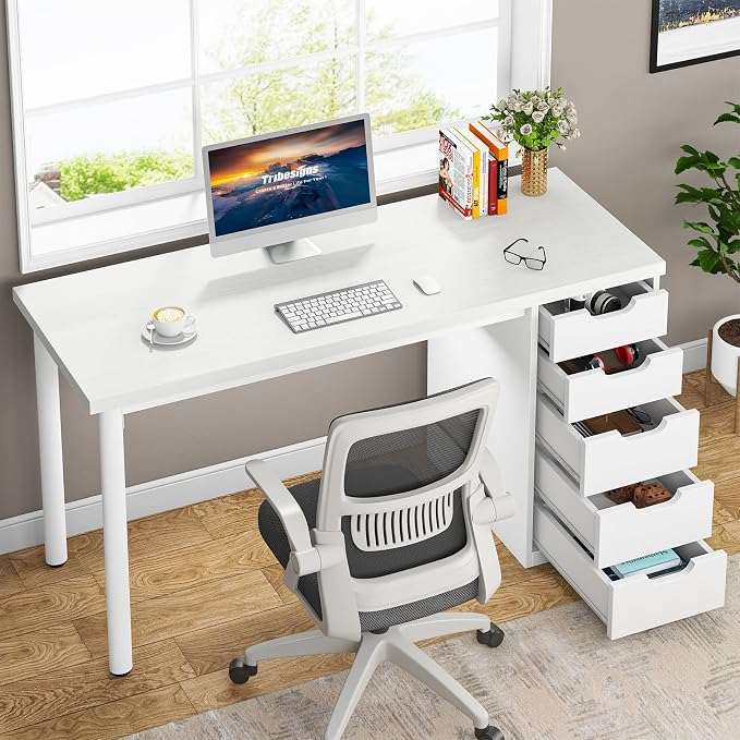 Tribesigns Computer Desk with 5 Drawers, 47 inches Rustic Brown Home Office Desk with Storage, Modern Simple Laptop Desk Study Writing Table for Small Spaces (1, White) - Image 5