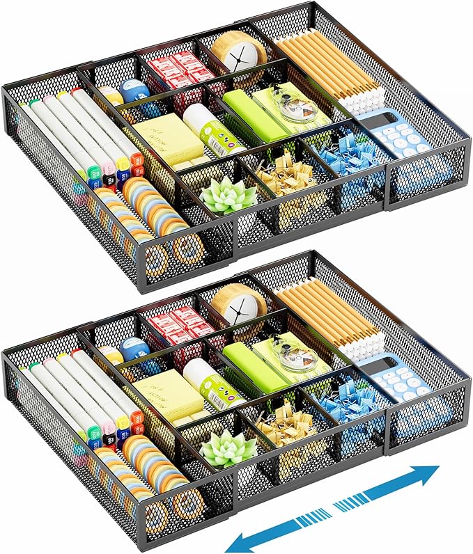 Marbrasse Expandable Desk Drawer Organizer, Mesh Drawer Organizer Tray with 10 Adjustable Compartments, Desk Organizers and Accessories for Office Supplies, Makeup & Vanity (Expandable Black-2 pack) by Marbrasse