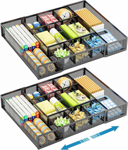 Marbrasse Expandable Desk Drawer Organizer, Mesh Drawer Organizer Tray with 10 Adjustable Compartments, Desk Organizers and Accessories for Office Supplies, Makeup & Vanity (Expandable Black-2 pack) by Marbrasse