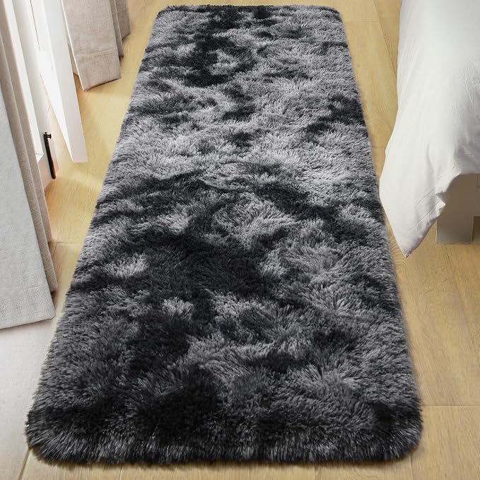 Tepook Fluffy Runner Rugs for Bedroom Aesthetic 2x6 Feet, Shag Soft Bedside Rug with Non-Slip Bottom, Fuzzy Plush Carpet for Room, Hallway Rug for Nursery Dorm Indoor Home Decor, Tie-dye Dark Grey - Image 3