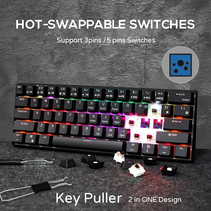 RK ROYAL KLUDGE RK61 Wireless Mechanical Keyboard with Coiled Cable, Black | 60% RGB Gaming Keyboard with Bluetooth/2.4G/Wired, Hot Swappable 61 Keys Ultra-Compact for Win/Mac/PC Game, Linear Red Switch - Image 7