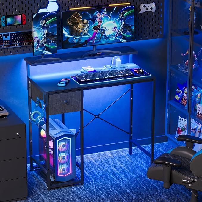 X-cosrack 33.5" Small Gaming Desk with LED Lights & Long Monitor Stand, Compact Computer Desk with Power Outlets & CPU Stand, Gamer Table with Storage Drawer for Home Office, Bedroom Corner, Black - Image 9