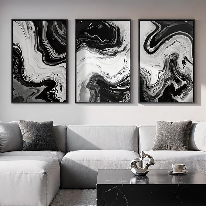 Large Framed Black and White Abstract Wall Art for Living room, 3 Piece Canvas Prints Paintings Artwork for Walls, Modern Minimalist Pictures Wall Decor for Bedroom Dining Room Office 24x36 In by Cuspin