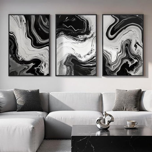 Large Framed Black and White Abstract Wall Art for Living room, 3 Piece Canvas Prints Paintings Artwork for Walls, Modern Minimalist Pictures Wall Decor for Bedroom Dining Room Office 24x36 In by Cuspin