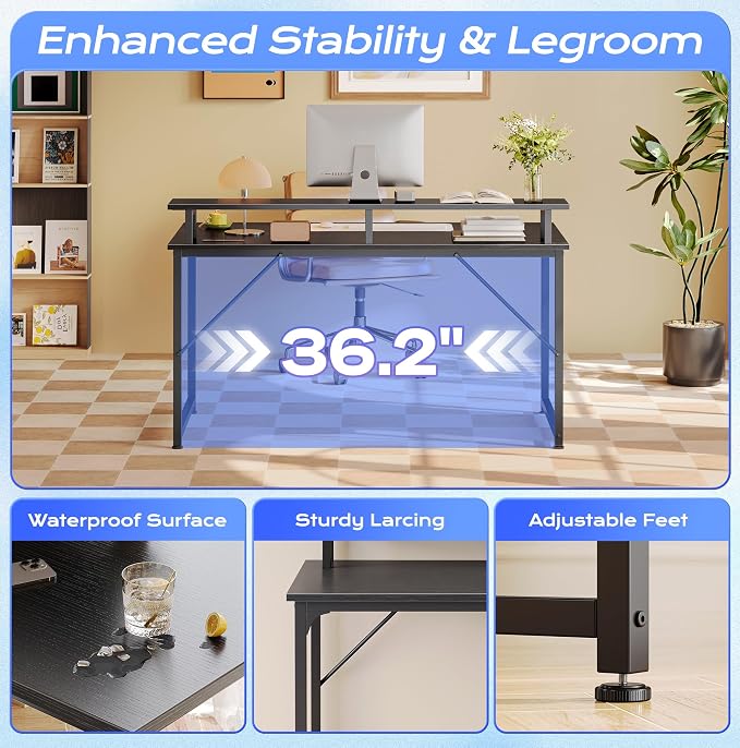 PRAISUN 40 inch Gaming Desk, LED & Power Outlets, Monitor Stand, Black | Sturdy PC Desk for Home Office, Study & Work, LED Lights, 4 AC Outlets & USB-C Charging Station - Image 8