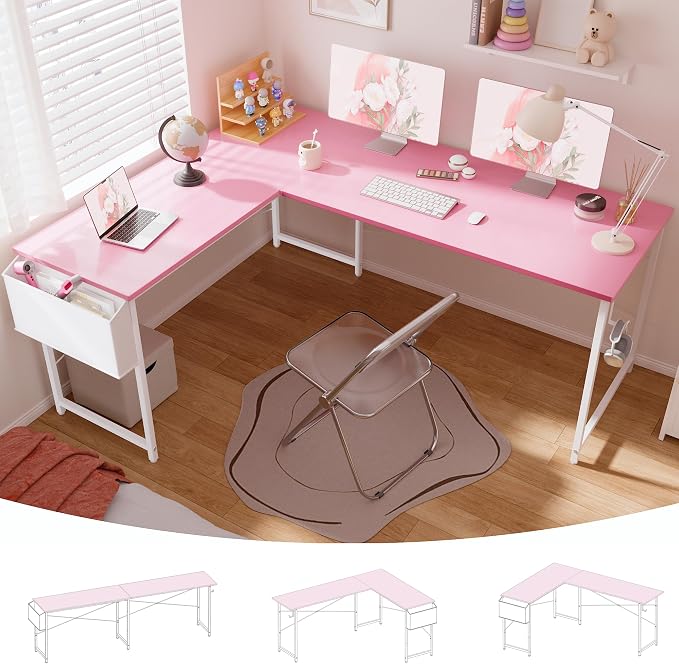 Pamray 64.5 Inch Reversible L Shaped Gaming Desk Large Corner Computer Desk with Storage Bag Home Office Table for Writing Study Pink by PAMRAY