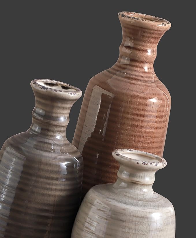 Ceramic Vases Set of 3, Neutral Rustic Farmhouse Vases Home Decor Decorative Flower Vase Modern Boho Pampass Vase for Table Mantel Entryway Shelf Living Room Kitchen Bathroom - Brown - Image 3
