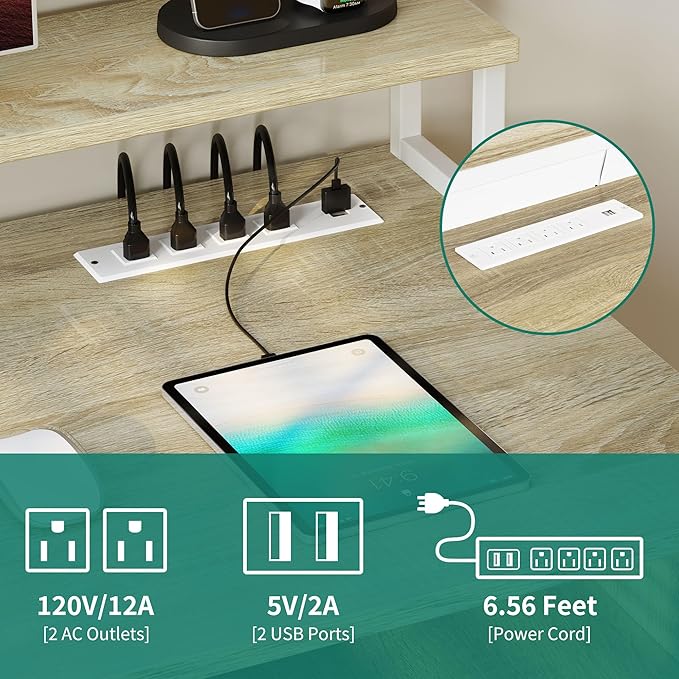 DWVO Computer Desk with Drawers, 47.2" Office Desk with Power Outlets & LED Light, Home Office Desk with Storage Shelves, White & Oak | Built-In Power Outlets, Led Light, Storage Shelves, Drawers, Compact Size, for Home Office Small Space, Easy Assembly - Image 5