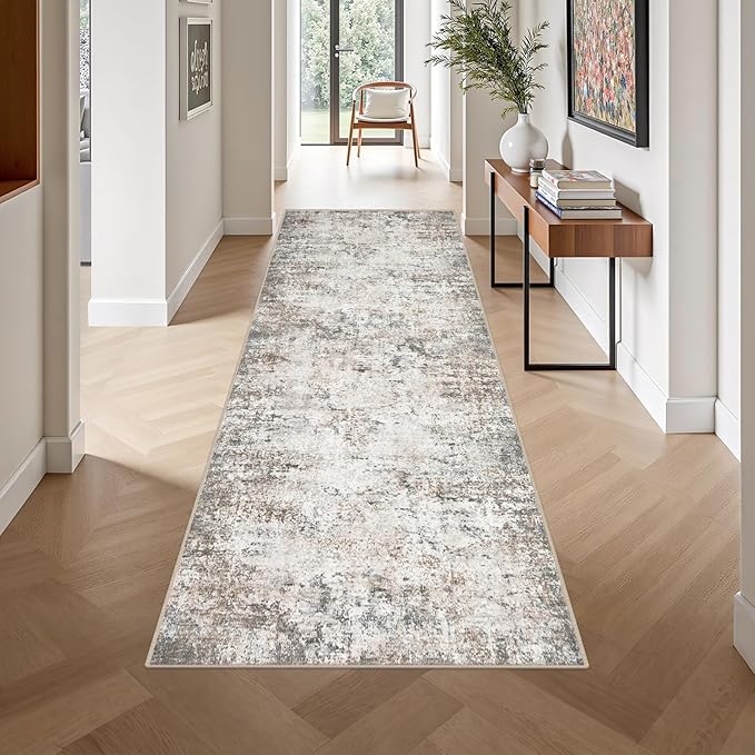 Washable Area Rug 3x10 Entryway Rug: Washable Modern Abstract Soft Thin Rug Indoor Floor No Slip Carpet for Bedroom Dining Room Farmhouse Nursery Home Office - Brown Grey - Image 4