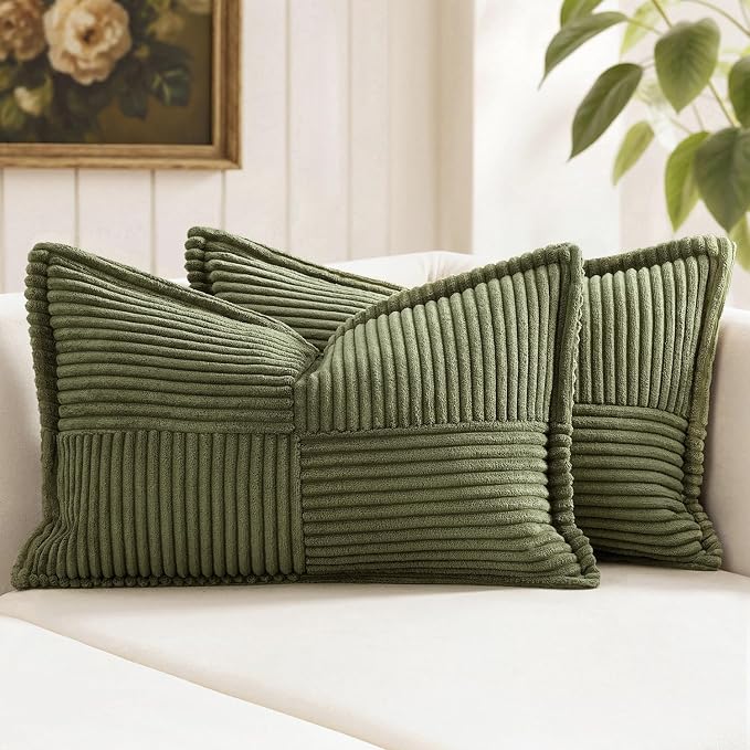 MIULEE Olive Green Corduroy Lumbar Pillow Covers 12x20 Inch 12x20 Inch with Splicing Set of 2 Soft Boho Pillow Covers Broadside Decorative Textured Summer Pillowcases for Couch Bed Livingroom by MIULEE