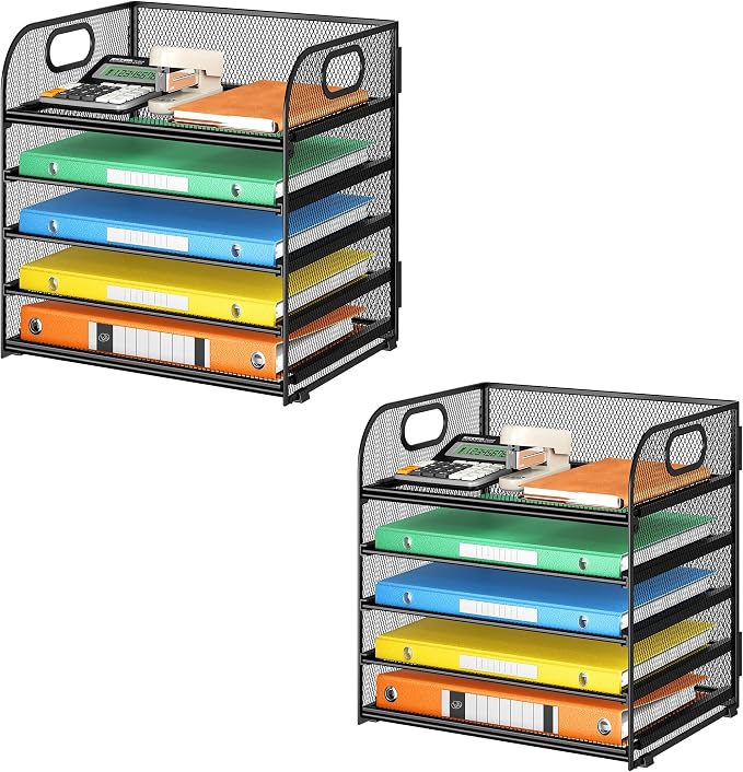 2 Pack 5-Tier Paper Organizer Letter Tray with Handle - Black Mesh Desk Paper Sorter File Organizer for Office, Home or School File Folder Holder by Lavatino