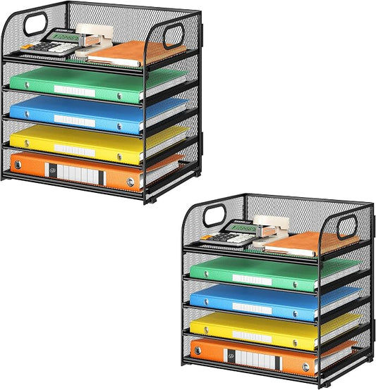 2 Pack 5-Tier Paper Organizer Letter Tray with Handle - Black Mesh Desk Paper Sorter File Organizer for Office, Home or School File Folder Holder by Lavatino
