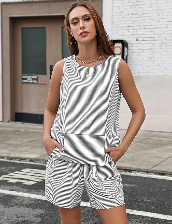 LOMON Women's Trendy 2 Piece Outfits Shorts Sets Summer Crew Neck Sleeveless Tank Top and Bottom Matching with Pockets 2026 - Image 6