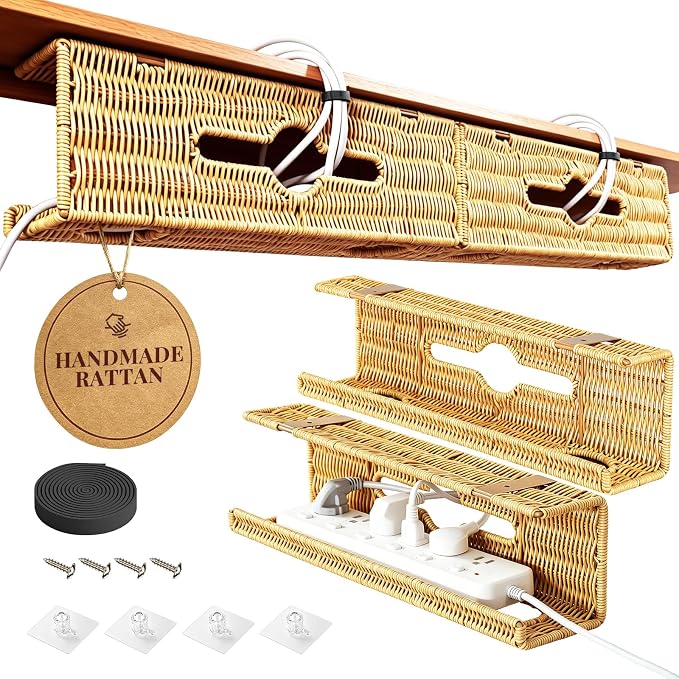 Handmade Rattan Under Desk Cable Management Tray 2 Pack, Natural | Easy Install with Adhesive or Screws, 33"Cord Organizer with 5M Cable Ties for Office Home, Effortless Wire Management by Xpatee