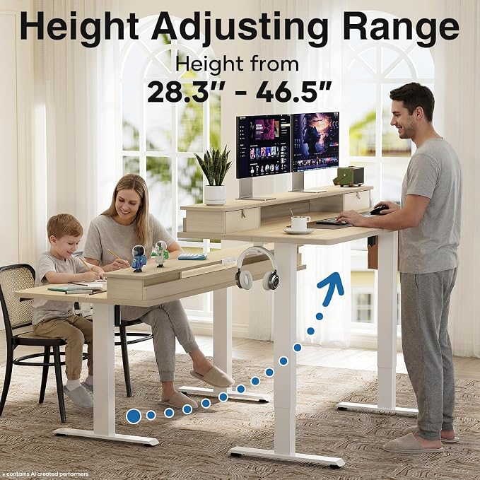 Veken 47x28 in Electric Standing Desk with Drawers, Adjustable Table, Wood | Stand up Computer Desk for Home Office, Work & Study, with Storage, 3 Memory Presets, Cable Organizer, Hook, and Quiet Lift. - Image 5