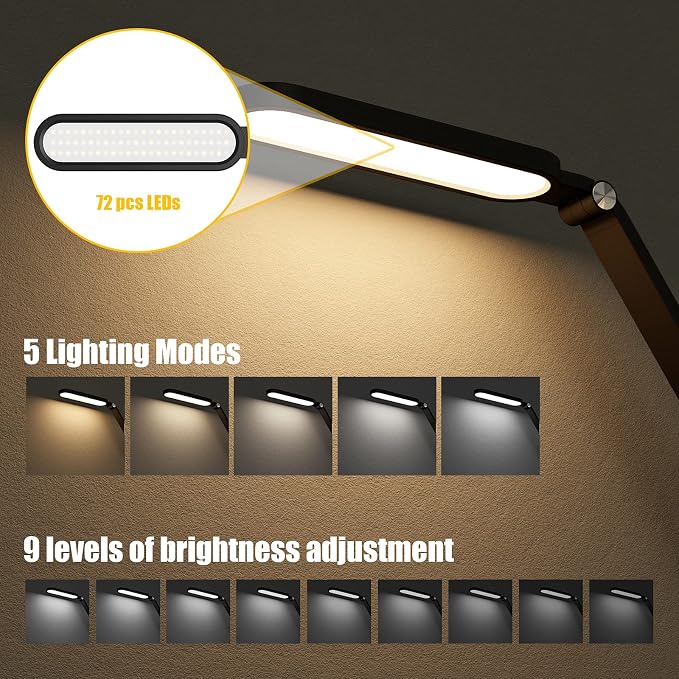 JKSWT LED Desk Lamp, Eye-Caring Table Lamps Natural Light Protects Eyes Dimmable Office Lamp with 5 Color Modes USB Charging Port Touch Control and Memory Function, 10W Reading Lamp,Black - Image 2
