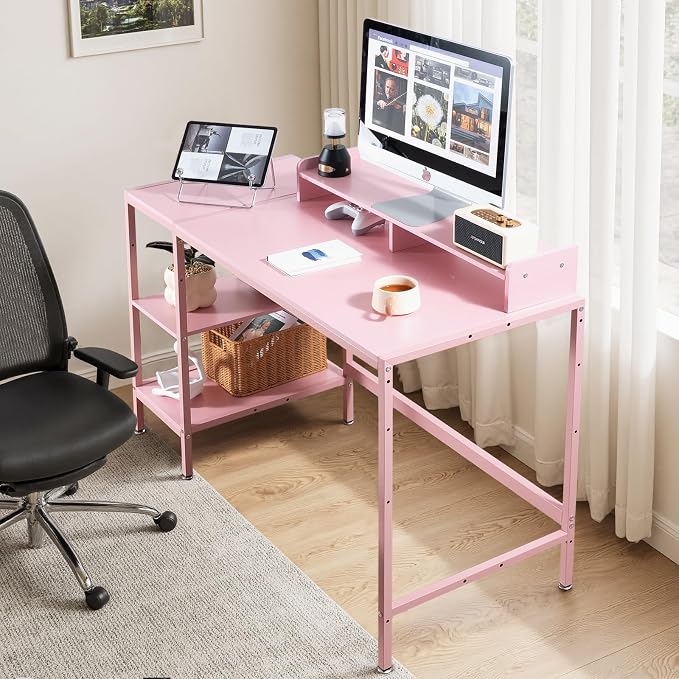 MINOSYS 47-inch Computer Desk with Storage Shelf - Ideal Gaming Desk for Bedrooms, Small Spaces, and Home Offices Modern Writing Desk for PCs,Pink Table. - Image 4