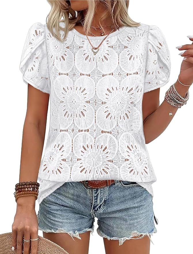 OFEEFAN Blouses for Women Dressy Casual Petal Short Sleeve Shirts Crochet Lace Boho Tops Spring Fashion Summer Outfits by OFEEFAN