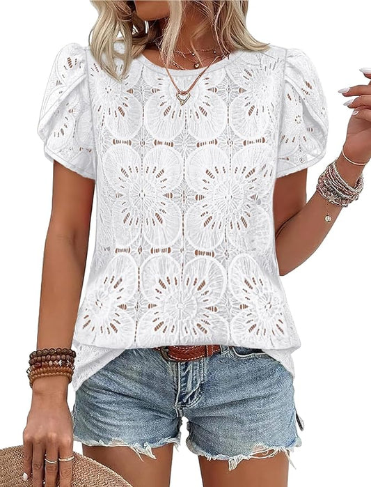 OFEEFAN Blouses for Women Dressy Casual Petal Short Sleeve Shirts Crochet Lace Boho Tops Spring Fashion Summer Outfits by OFEEFAN
