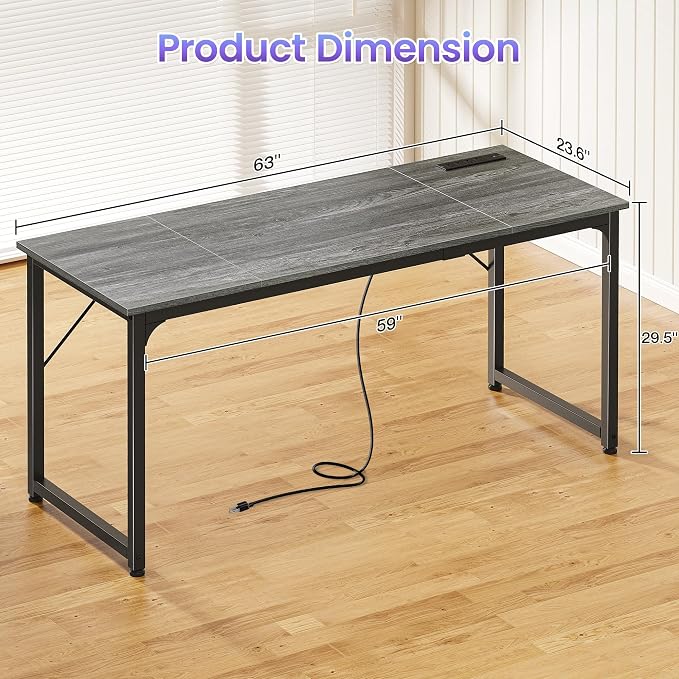 PRAISUN 63 X 24 Inch Computer Desk, Power Outlets, USB-C, Grey | Office Desk with 4 AC Outlets, USB & USB-C, Sturdy Metal Frame, Spacious Desktop for Work, Writing, Study & Gaming - Image 3