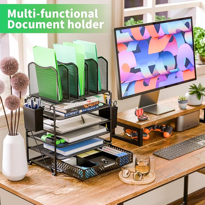 Simple Trending 5 Tier Mesh Desk File Organizer, Paper Letter Tray File Holder with Sliding Drawer Organizer for Office Home, Black - Image 2