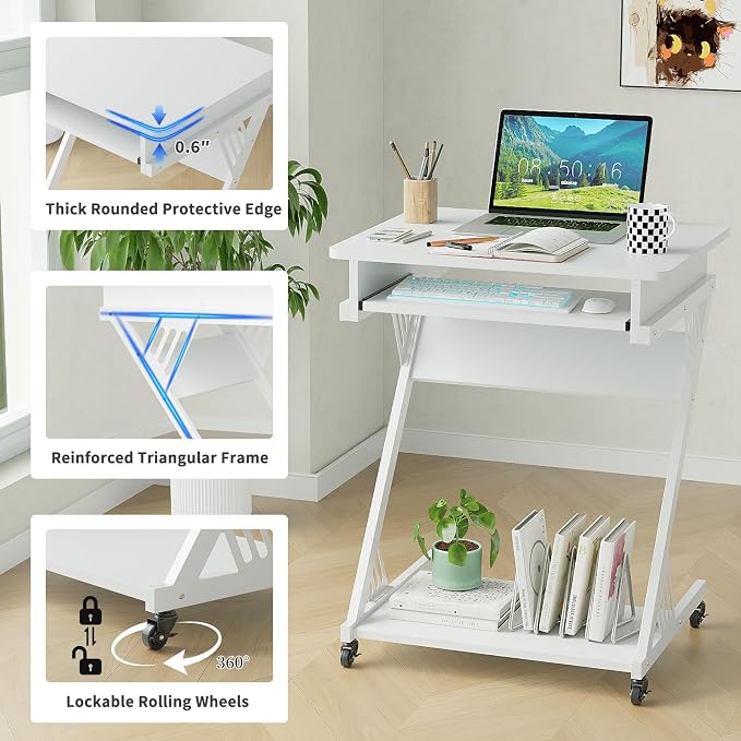 ALISENED Computer Desk for Small Spaces Compact Desk with Keyboard Tray | 23.6" Z-Shaped, with Wheels and Bottom Shelves, for Home Office, Computer Cart Mobile Laptop Cart, White - Image 4