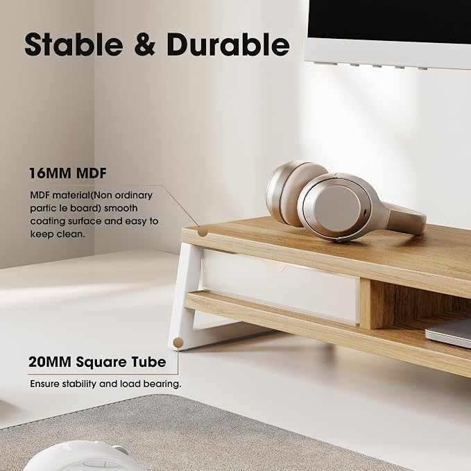 Fenge Dual Monitor Stand, Monitor Riser with Drawer, 42.5 Inch Large Computer Monitor Stand for 2 Monitors, 2 Tier Wooden Desk Shelf for Top of Desk - Image 4
