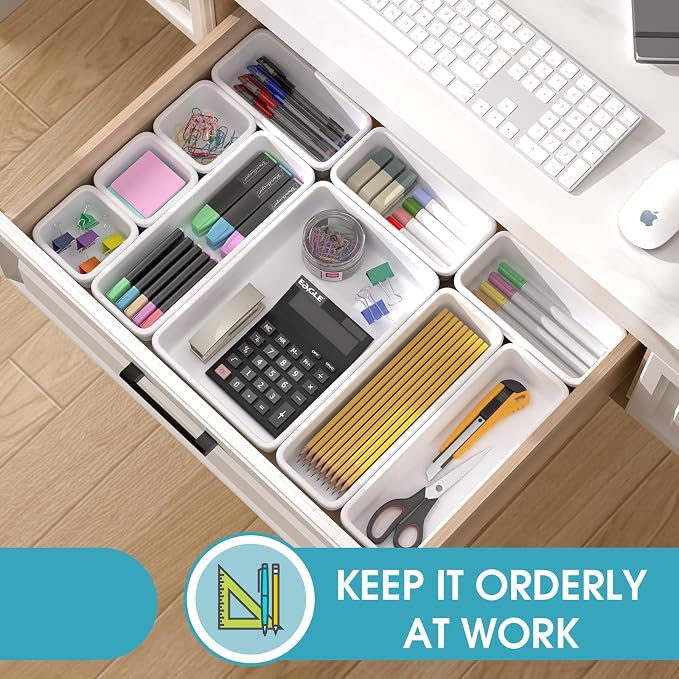 16 PCS Drawer Organizer Set, 4 Size Makeup Drawer Divider Organizer With Non-Slip Pads, Interlocking Plastic Storage Bins for Office,Jewelry Vanity,Gadgets, Bathroom,Kitchen, White - Image 4