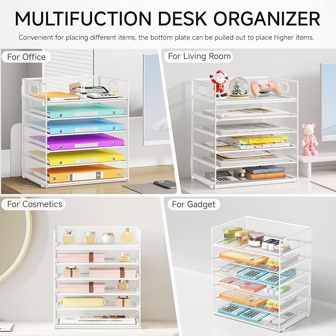 6 Tray Paper Organizer Letter Tray with Handle - Mesh Desk File Organizer, Paper Sorter Organizer for Office, Home or School File Folder Holder - White - Image 5