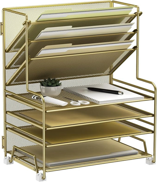 MINDEPOT 4-Tier Paper Organizer + 3-Pocket File Holder + Drawer + Pen Holders, Desktop File Organizers Paper Tray for Office Supplies School Classroom Organization (Gold, no Drawer & Pen Holder) by MINDEPOT