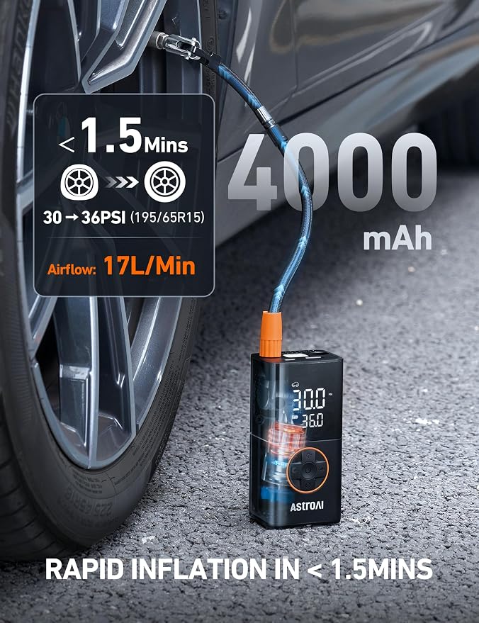 AstroAI L7 Tire Inflator Portable Air Compressor Cordless-2pack Bike Pump with Digital Dual Values Display, 150 PSI Car Tires Pump with LED Lights Air Pump for Cars, Motorcycles, Bikes, Balls Orange - Image 6
