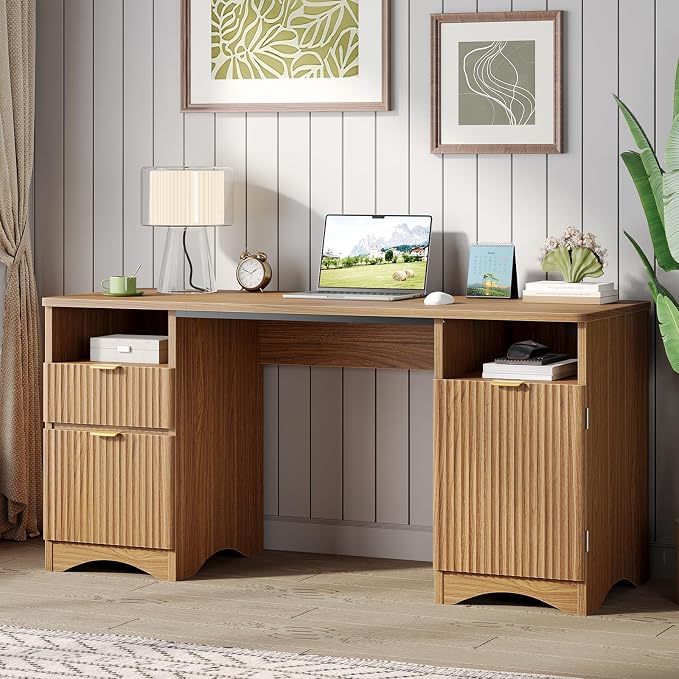 Bestier 59 inch Computer Desk with 2 Drawers, Office Desk with Storage File Cabinet and 2 Open Storage Shelves, Modern Fluted Executive Desk for Home Office Bedroom, Brown Oak - Image 5