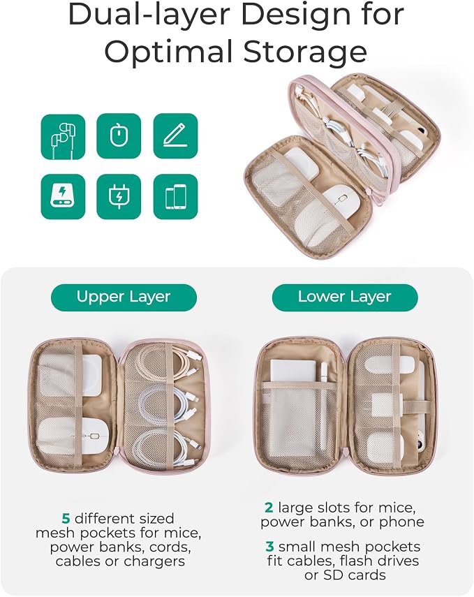 BAGSMART Cord Organizer Travel Cable Bag, Compact Tech Electronic Organizer Travel Case, Essentials for Charger, Cable, Phone, Flash drive, Double Layers (Pink) - Image 3